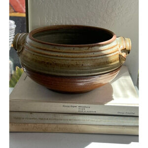 Studio Art Pottery Handmade Striped Speckled Mid Century Bowl 10” X 5.5" Signed